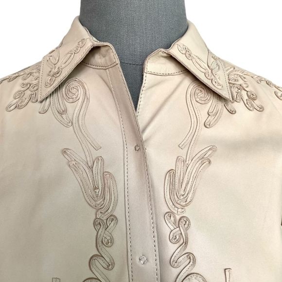 Women’s Shirt ELIE TAHARI Beige Floral Embroidered Blazer Leather Jacket Shirt - Picture 4 of 7